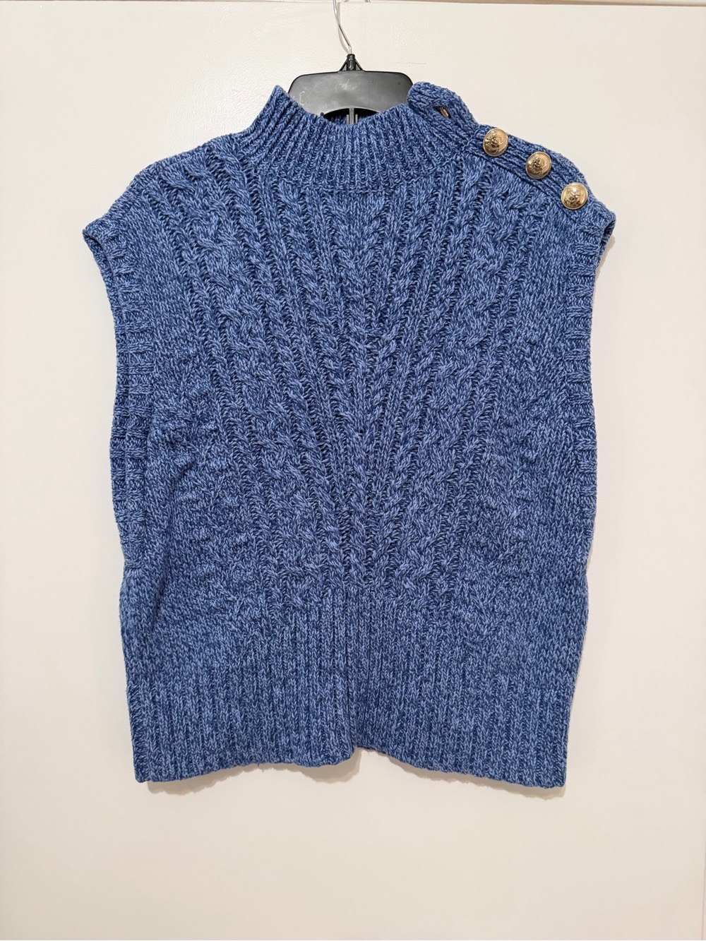 Talbots Blue Marled Cable-Knit Sleeveless Mock Neck Sweater Vest w/ Gold Buttons